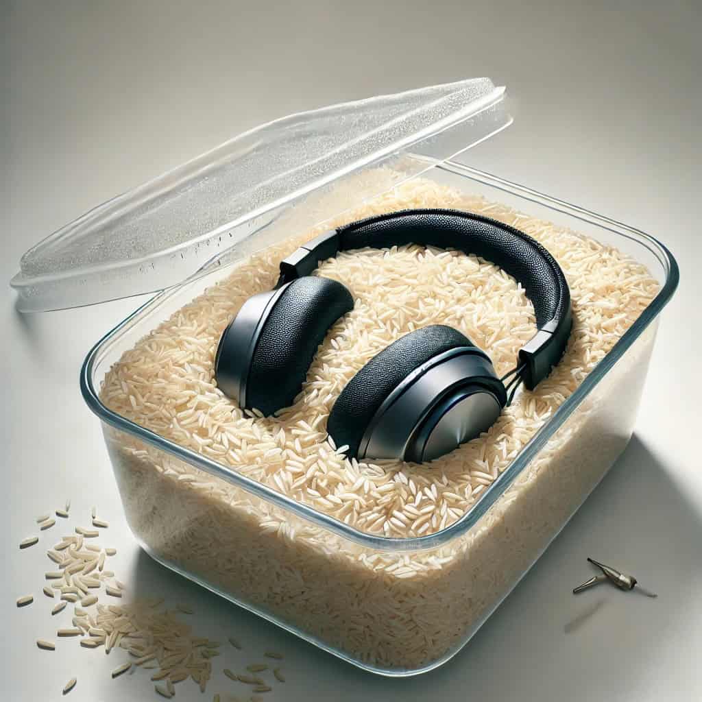 jak wysuszyć słuchawki bezprzewodowe - przykładowy model w pojemniku z ryżem