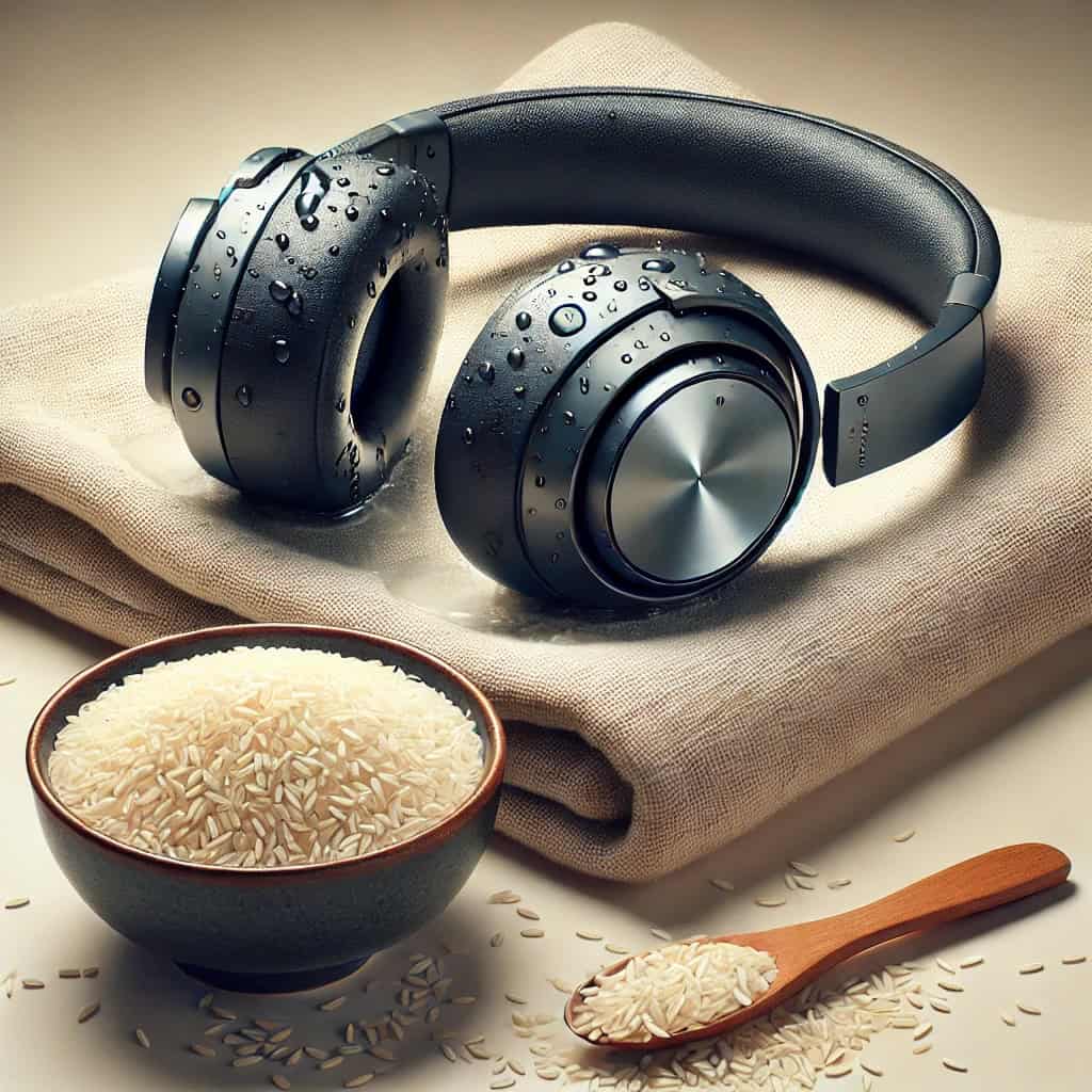 jak wysuszyć zalane słuchawki - przykładowy model nauszny w pudełku z ryżem