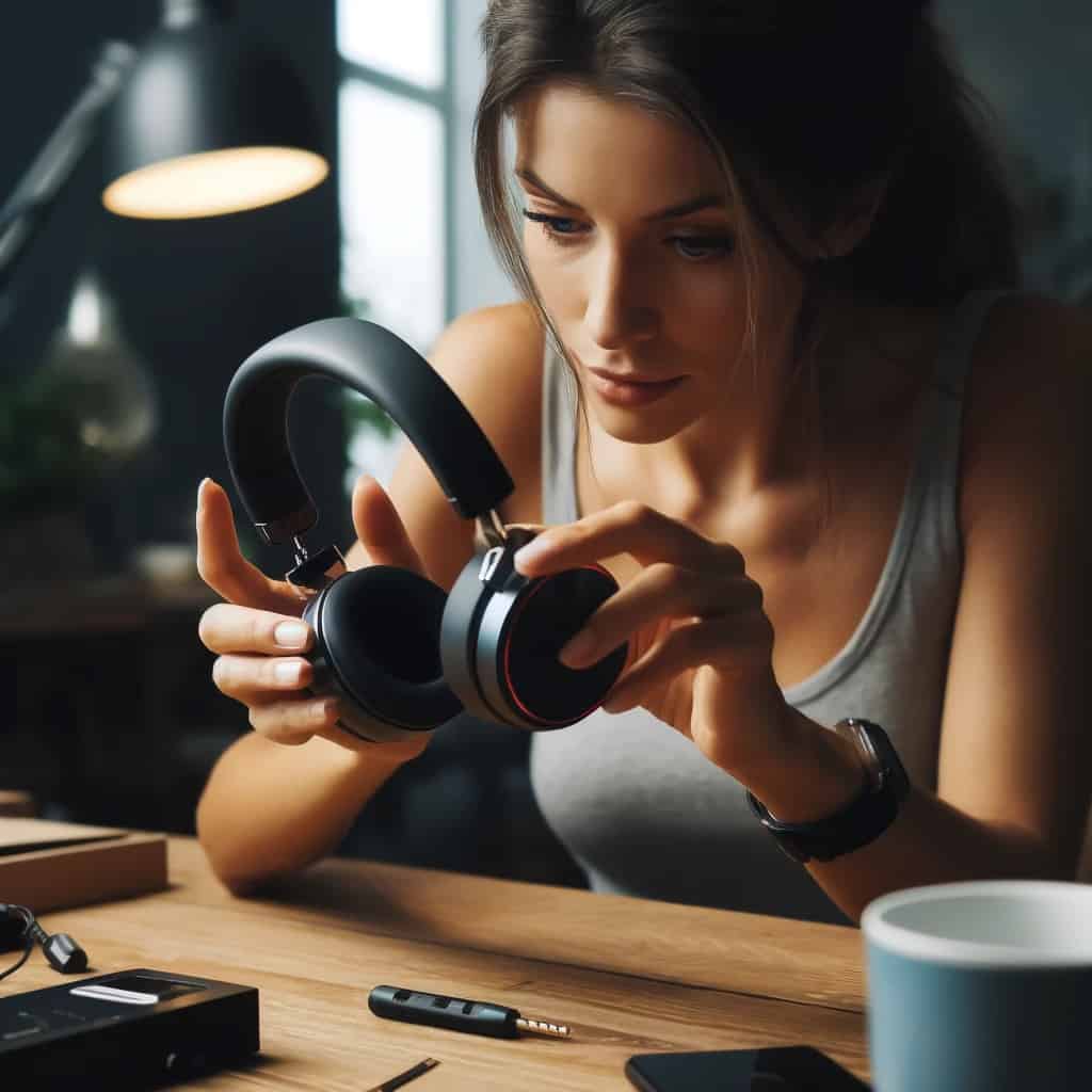 jak uruchomić słuchawki bezprzewodowe - kobieta włączająca model nauszny Bluetooth