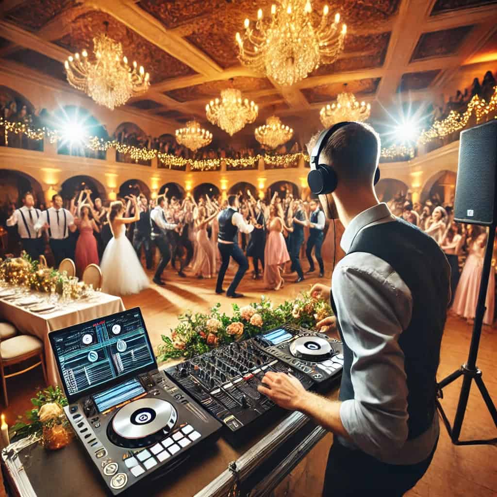 jak zostać dj na weselach - mężczyzna przed konsola a obok na parkiecie tańczy tłum gości