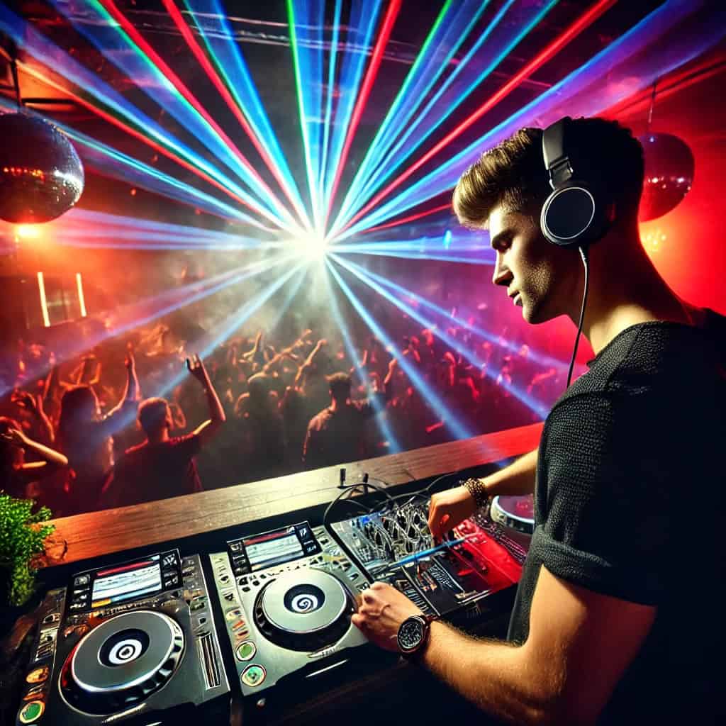 jak zostać dj techno - mężczyzna miksuje na imprezie