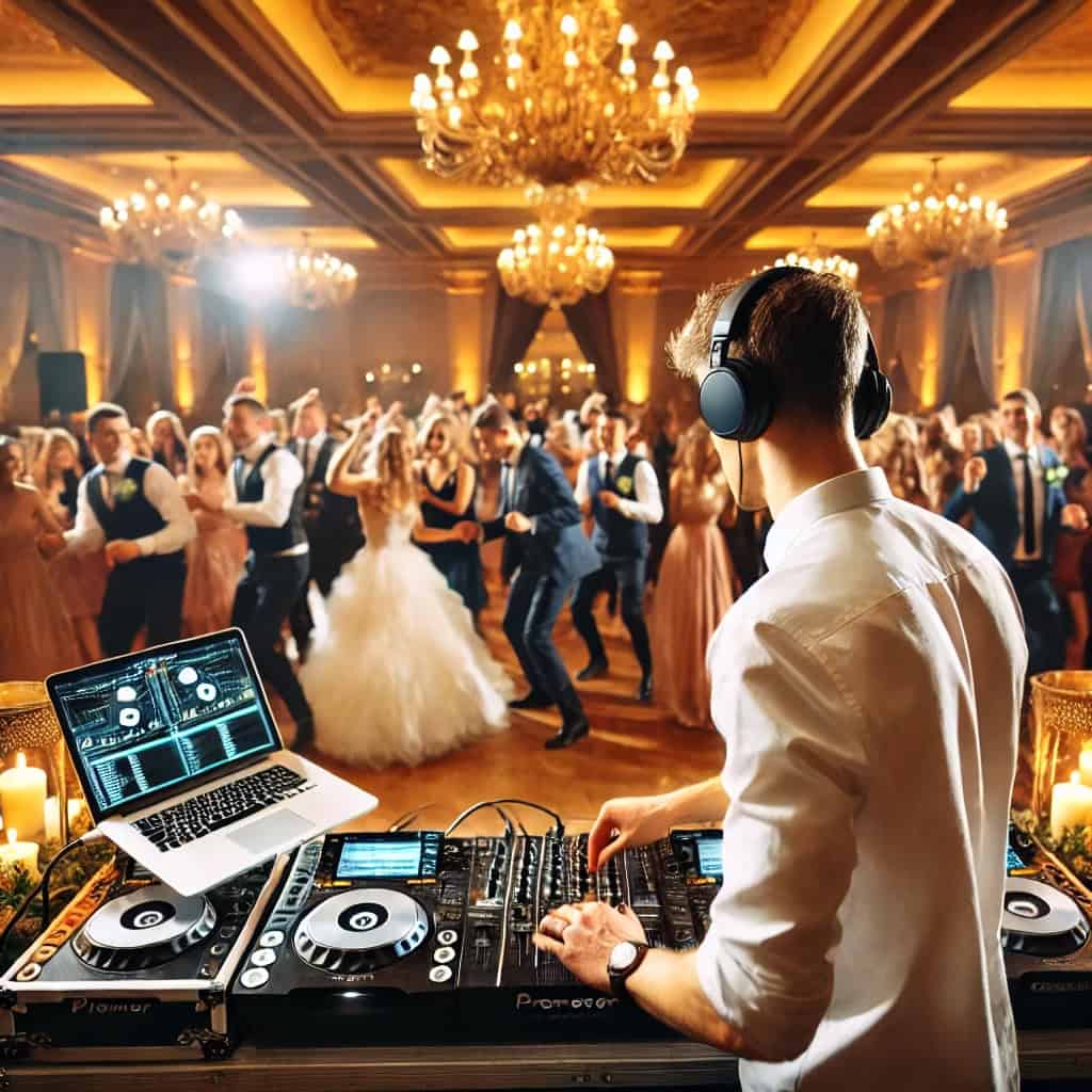 jak zostać dj weselnym - mężczyzna puszcza muzykę na konsoli a na parkiecie tańczy tłum elegancko ubranych ludzi