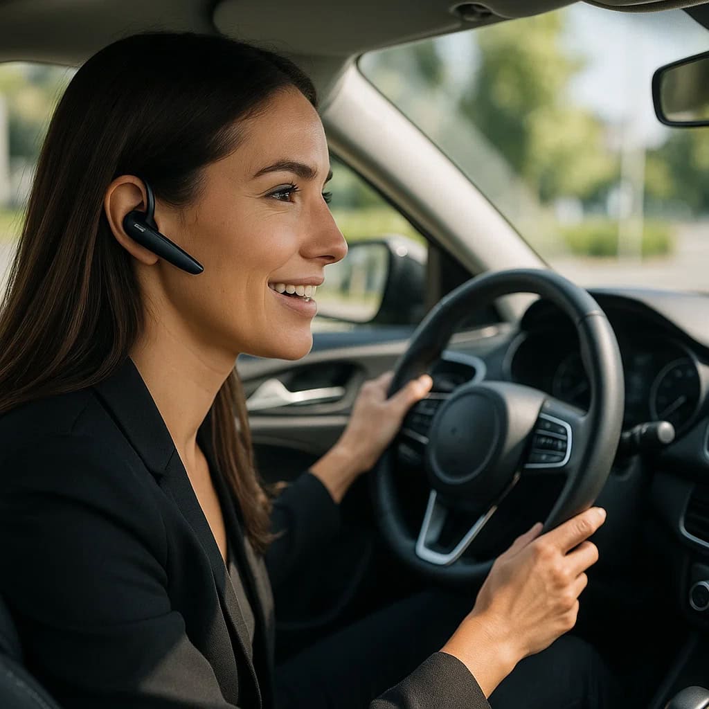 jaka słuchawka bluetooth do samochodu - przykładowy model na uszach kobiety za kierownicą auta