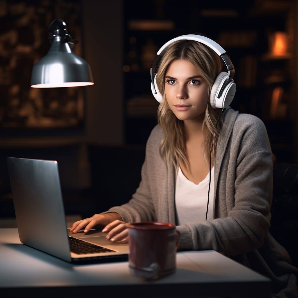 jakie kupić słuchawki do komputera - przykładowy model na głowie kobiety korzystającej w nocy z laptopa