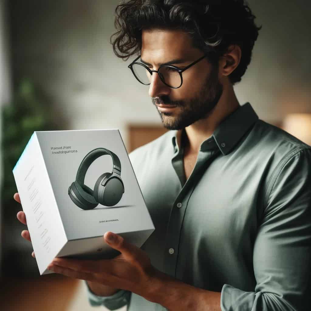 jakie parametry powinny mieć dobre słuchawki - mężczyzny czytający opis na pudełku przykładowego modelu