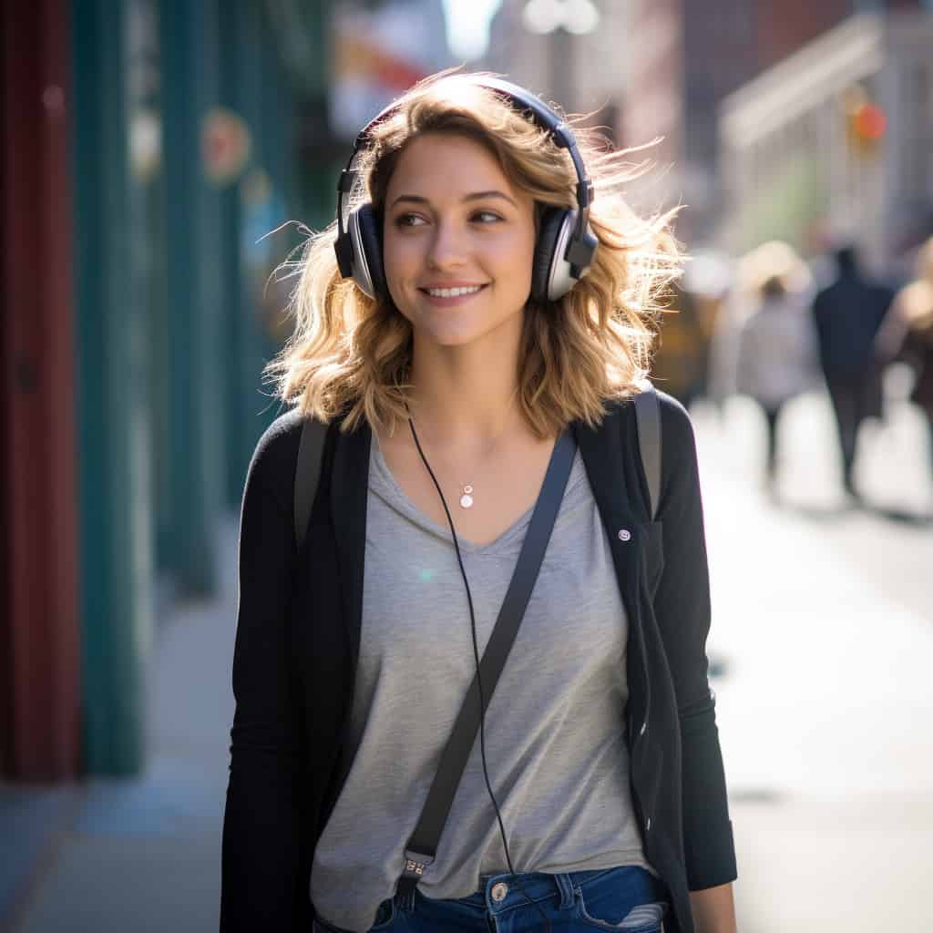 jakie są najlepsze słuchawki - kobieta spacerująca ulicą w przykładowym modelu