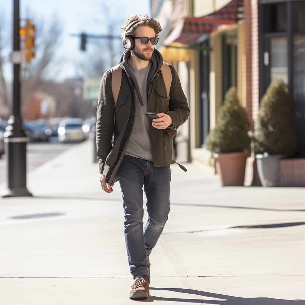 jakie słuchawki bezprzewodowe - żywotność baterii prezentowana przez mężczyznę w słuchawkach spacerującego chodnikiem