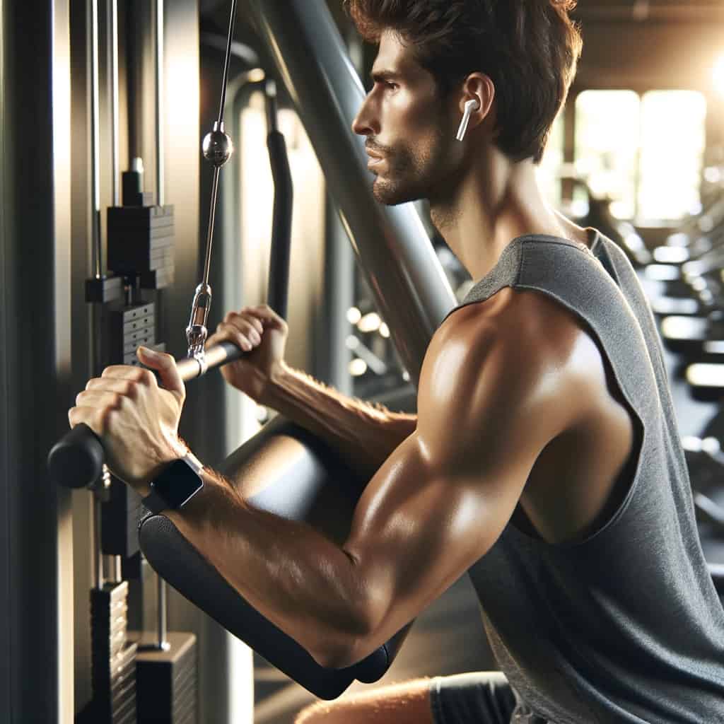 jakie słuchawki bezprzewodowe na siłownie - mężczyzna w przykładowym modelu używa maszyny na siłowni
