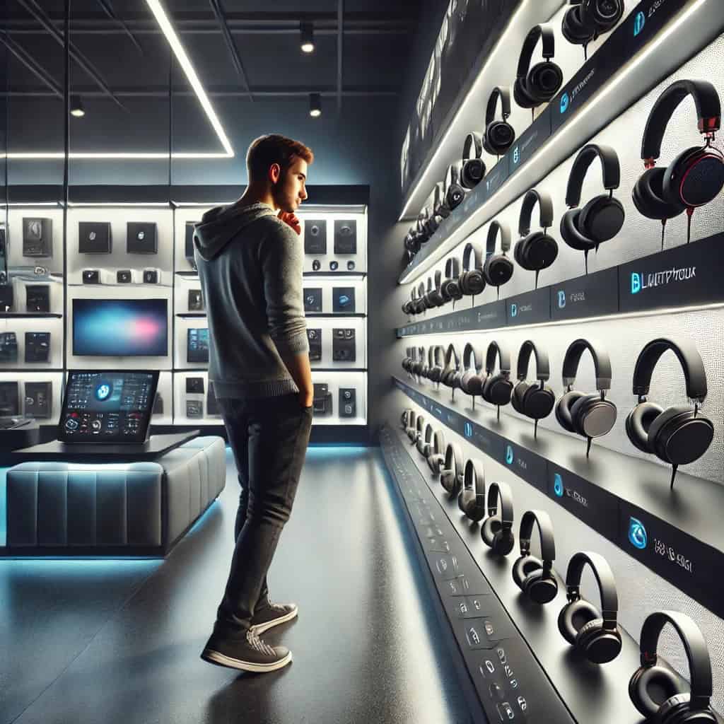 jakie słuchawki bezprzewodowe radiowe czy bluetooth - mężczyzna chodzi między półkami, oglądając różne modele