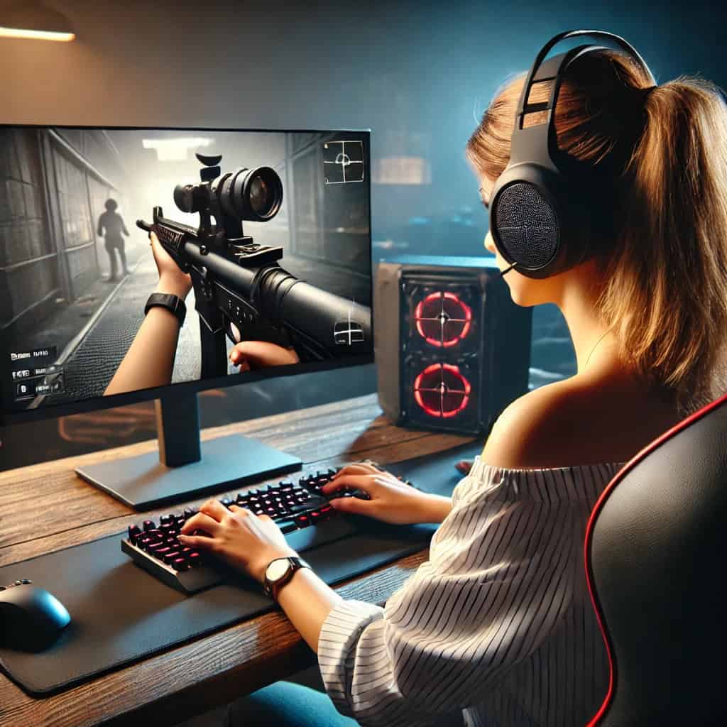 jakie słuchawki do call of duty - przykładowy model na głowie kobiety grającej na komputerze