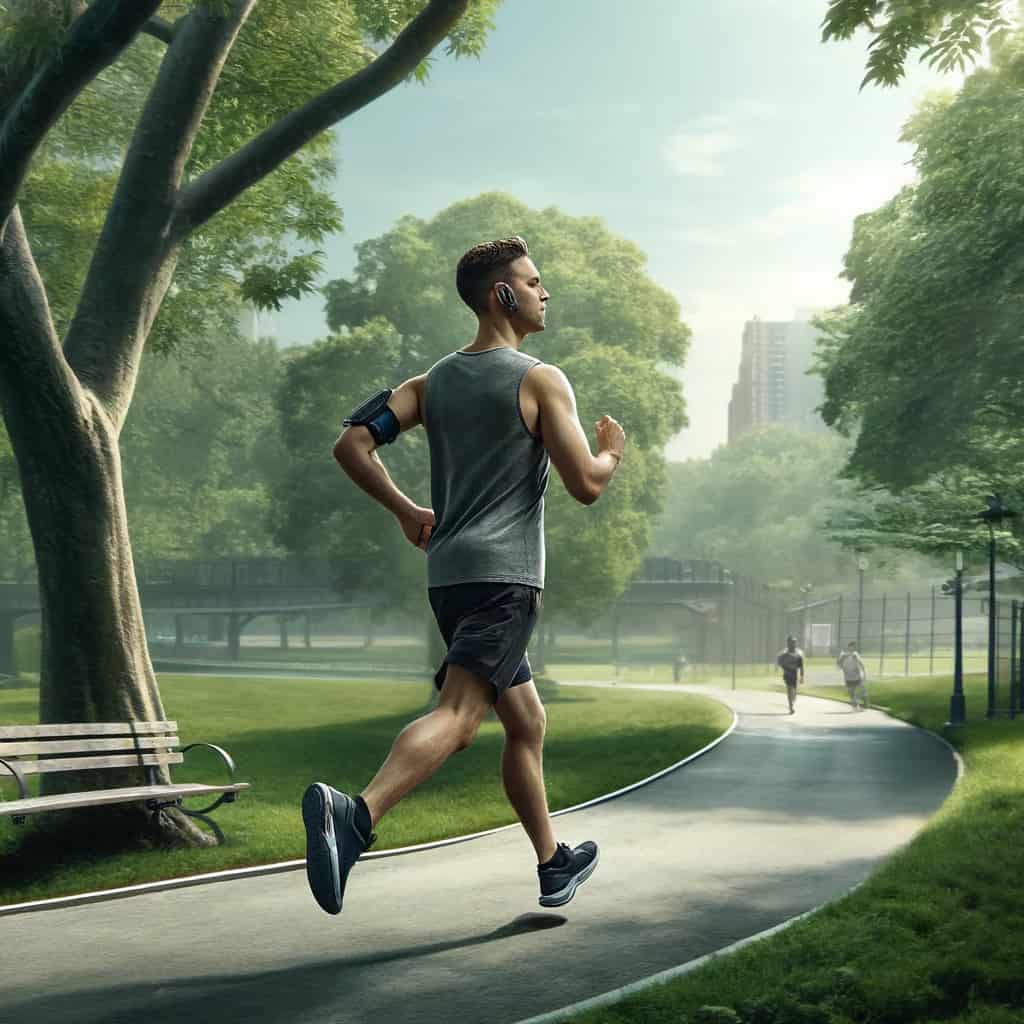 jakie słuchawki do biegania - mężczyzna uprawiający jogging w parku