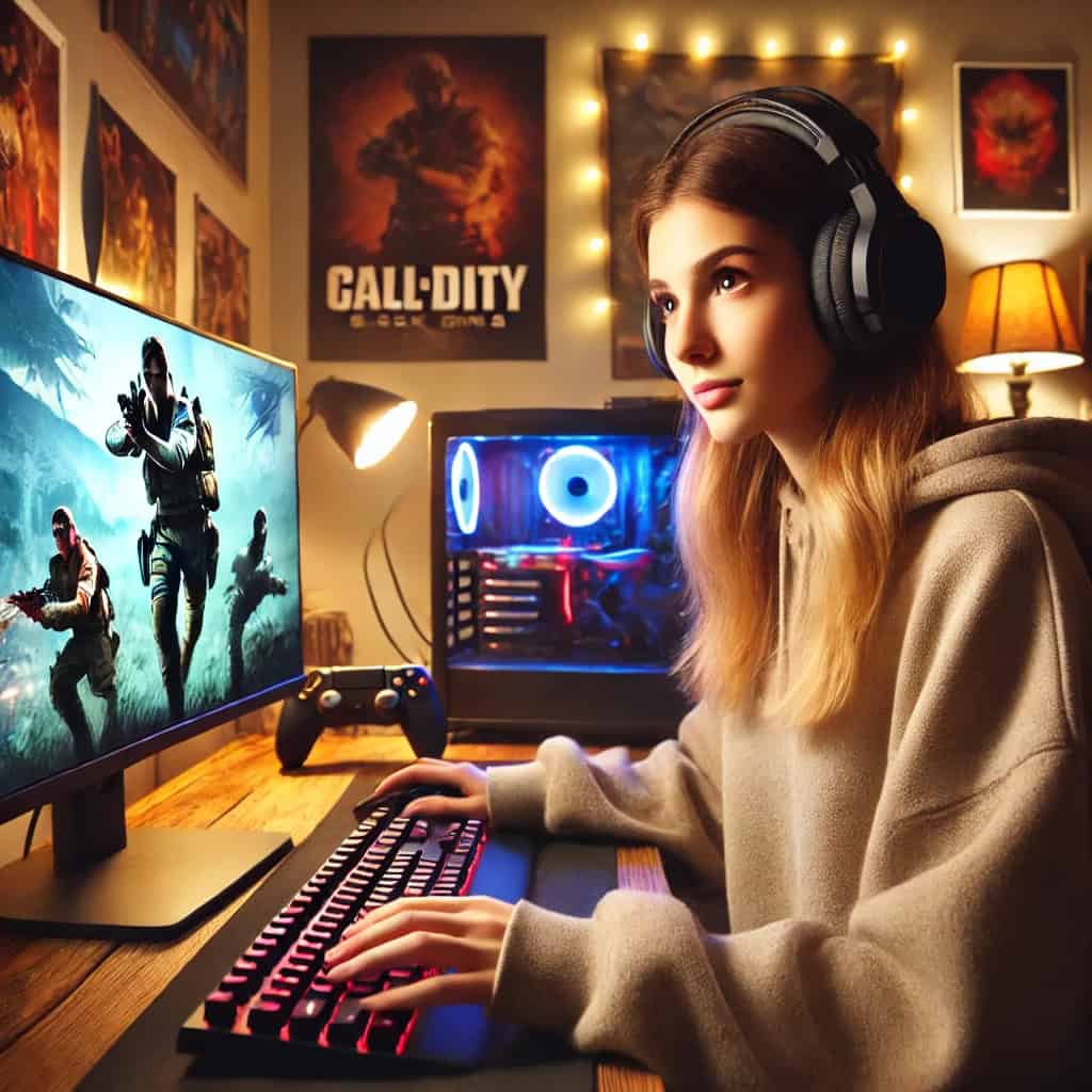 jakie słuchawki do fortnite - przykładowy model na głowie kobiety przy komputerze