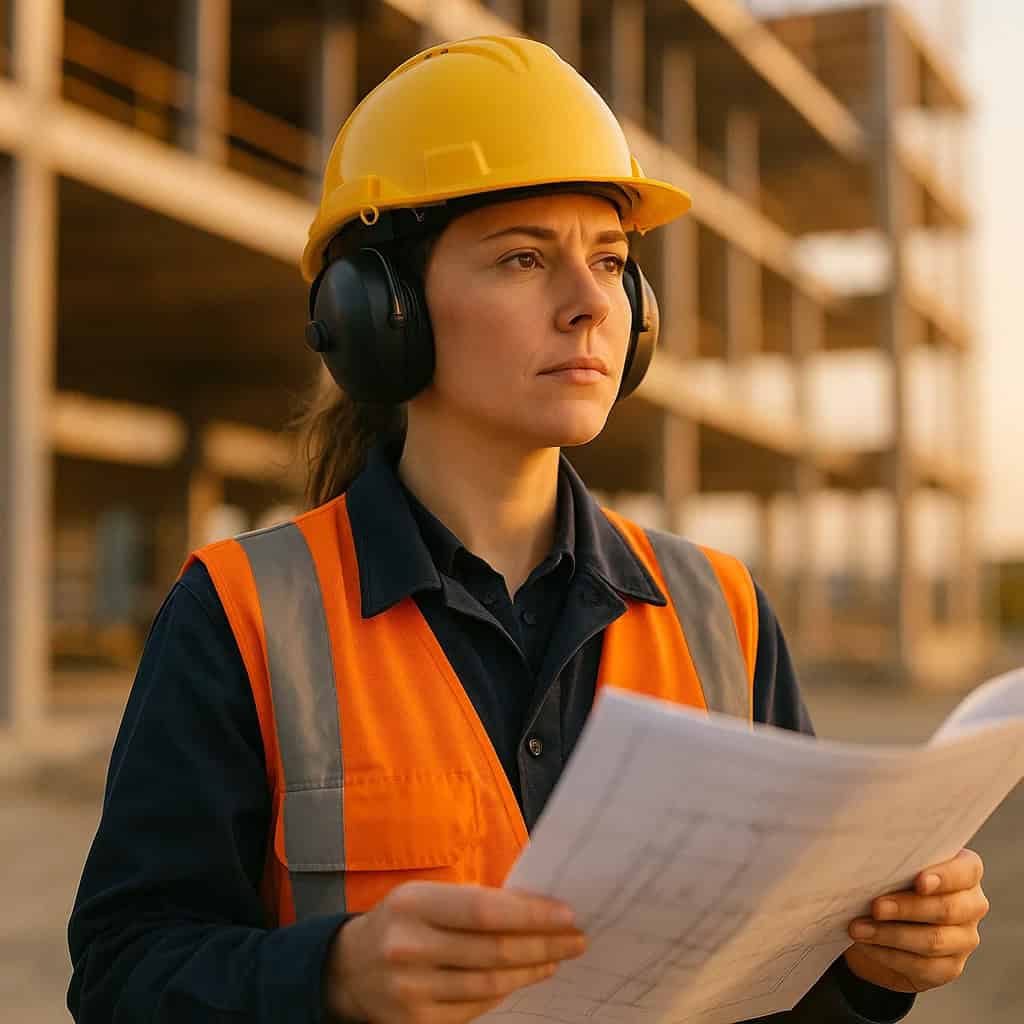jakie słuchawki do kasku budowlanego przykładowy model na uszach kobiety, przeglądającej plany