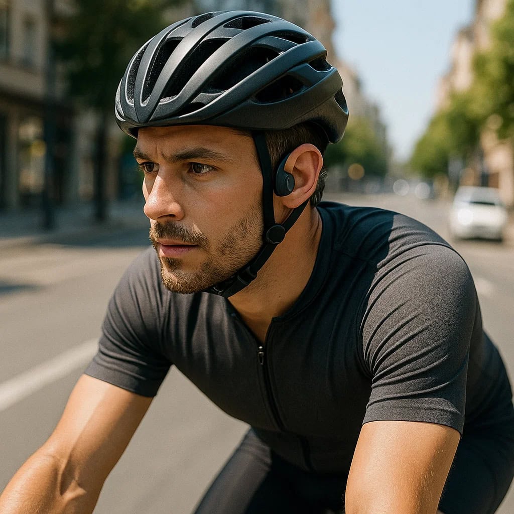 jakie słuchawki do kasku rowerowego - mężczyzna jedzie przez miasto