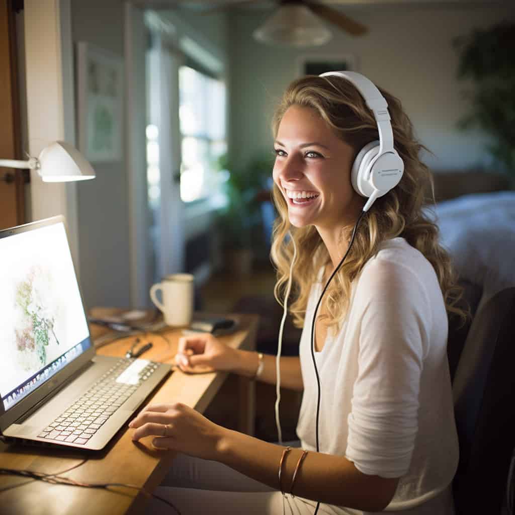 jakie słuchawki do laptopa - przykładowy model na głowie kobiety korzystającej z laptopa