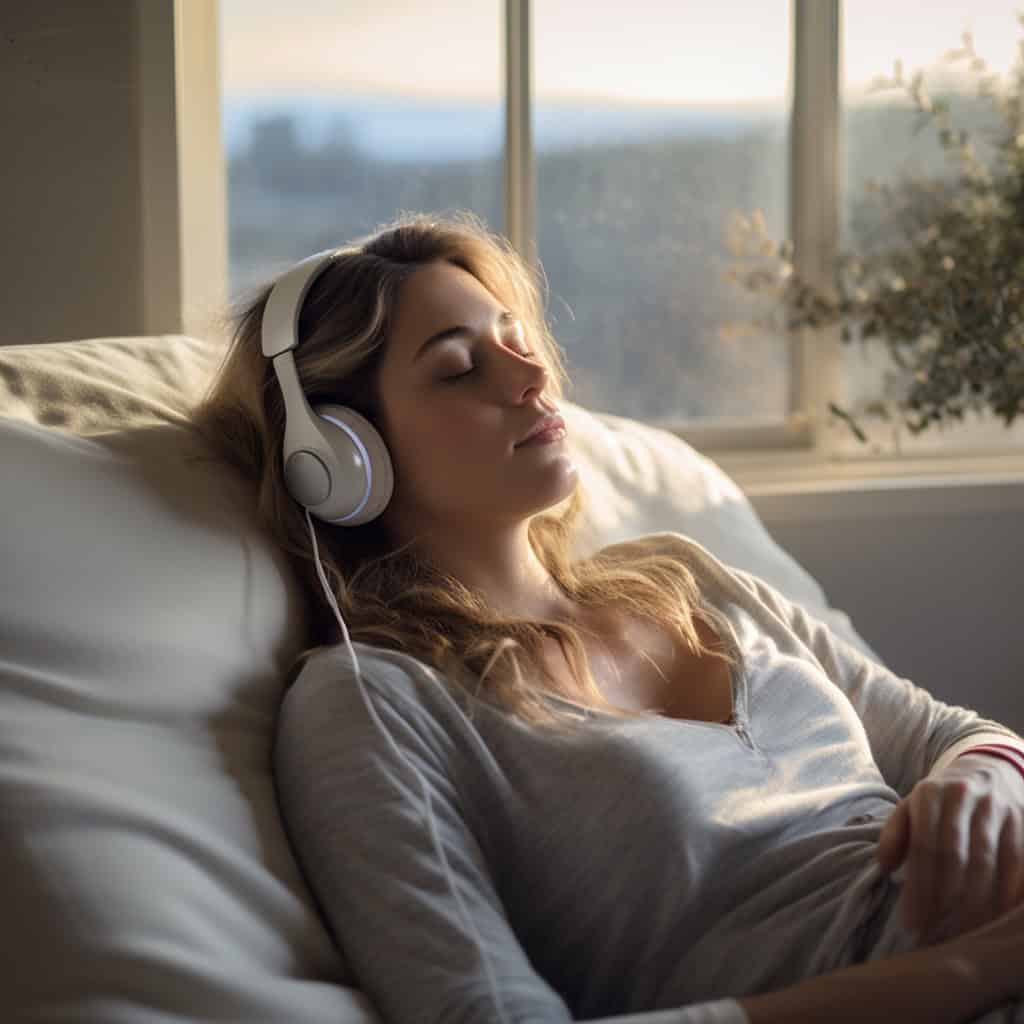 jakie słuchawki do spania - przykładowy model na usznych na uszach kobiet śpiącej przy oknie