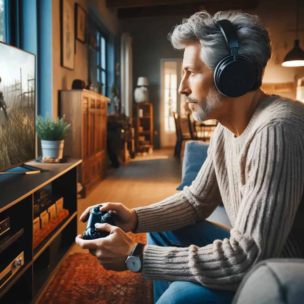 jakie słuchawki do ps5 - mężczyzna grający w grę w domu w przykładowym modelu