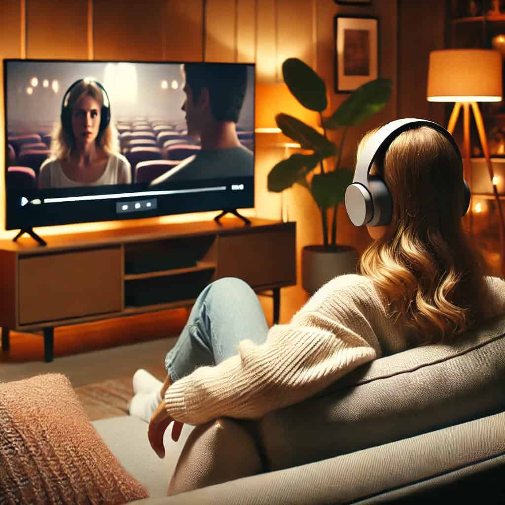 jakie słuchawki do telewizora - przykładowy model na głowie kobiety siedzącej na sofie z pilotem i oglądającej tv