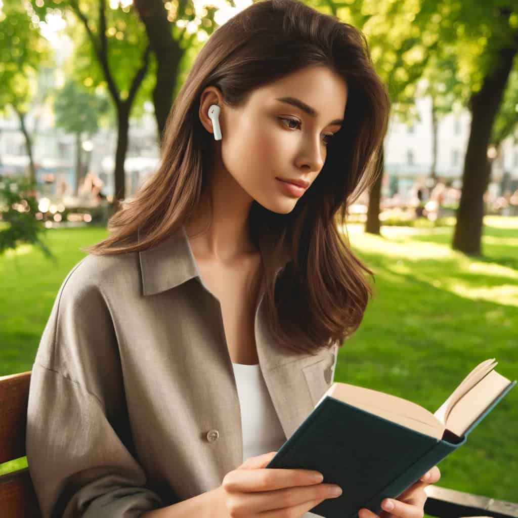 jakie słuchawki douszne - kobieta czytająca książkę w parku w przykładowym modelu