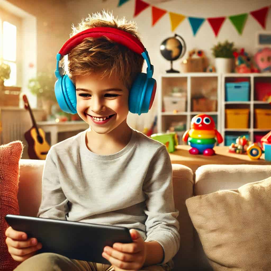 jakie słuchawki dla dziecka - przykładowy model na uszach chłopca, który siedzi z tabletem na sofie