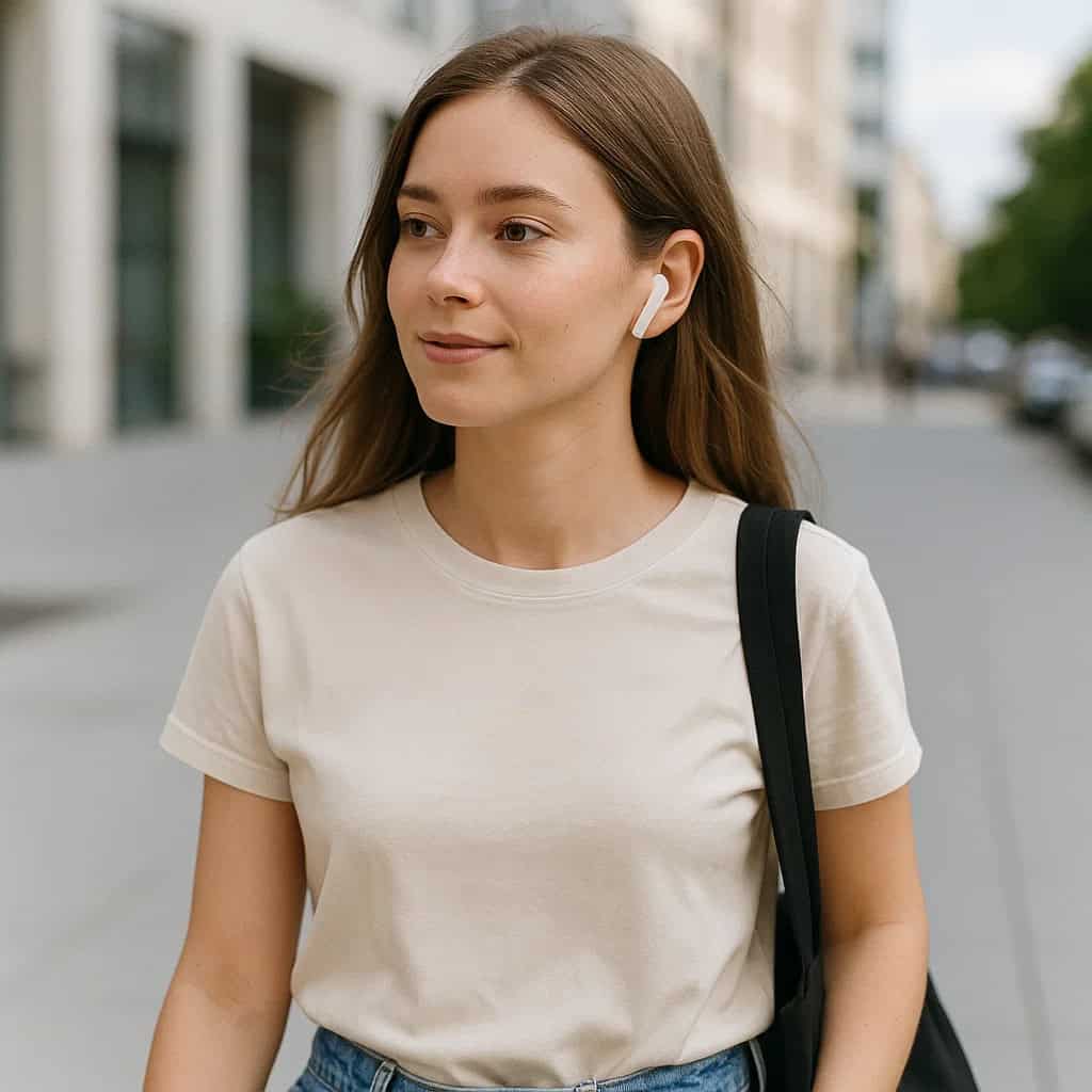 jakie słuchawki kupić - kobieta spacerująca po mieście w słuchawkach dokanałowych