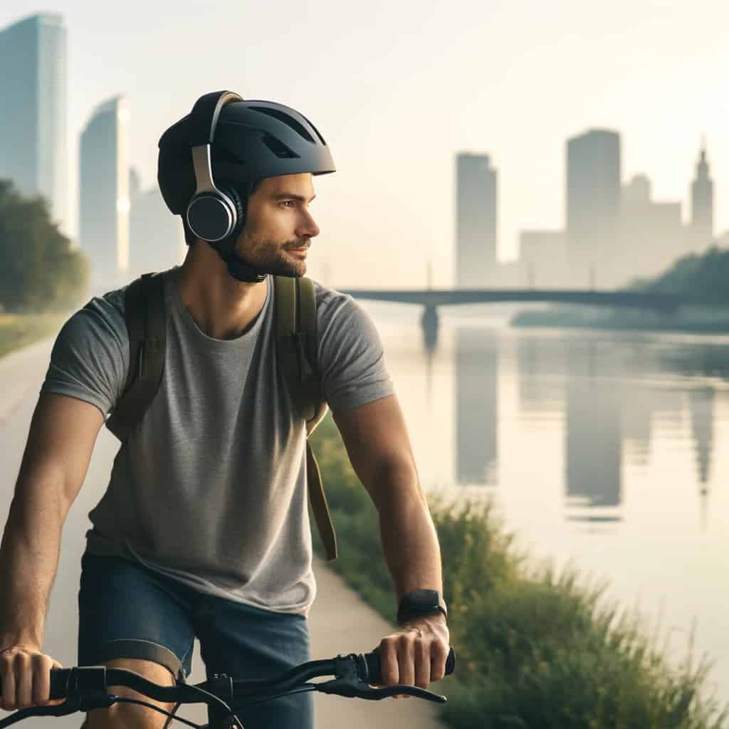 jakie słuchawki na rower - przykładowym model nauszny na kasku mężczyzny