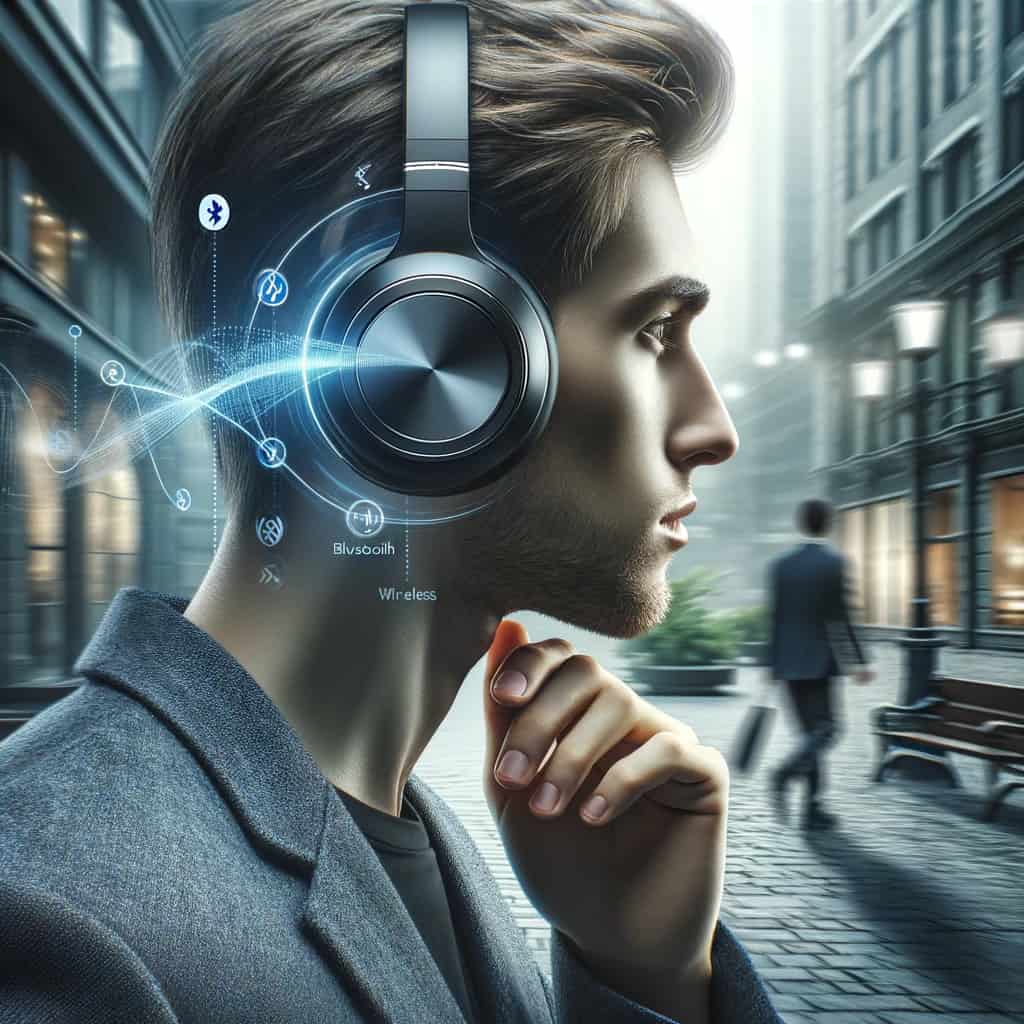 jakie słuchawki nauszne bezprzewodowe do 1000 zł - mężczyzna z modelem, nad którym wyświetlają się ikony różnych funkcji słuchawek