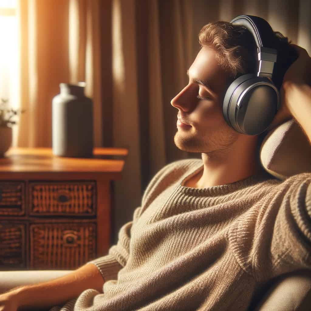 jakie słuchawki nauszne do 1000 zł - zrelaksowany mężczyzna w słuchawkach z zamkniętymi oczami