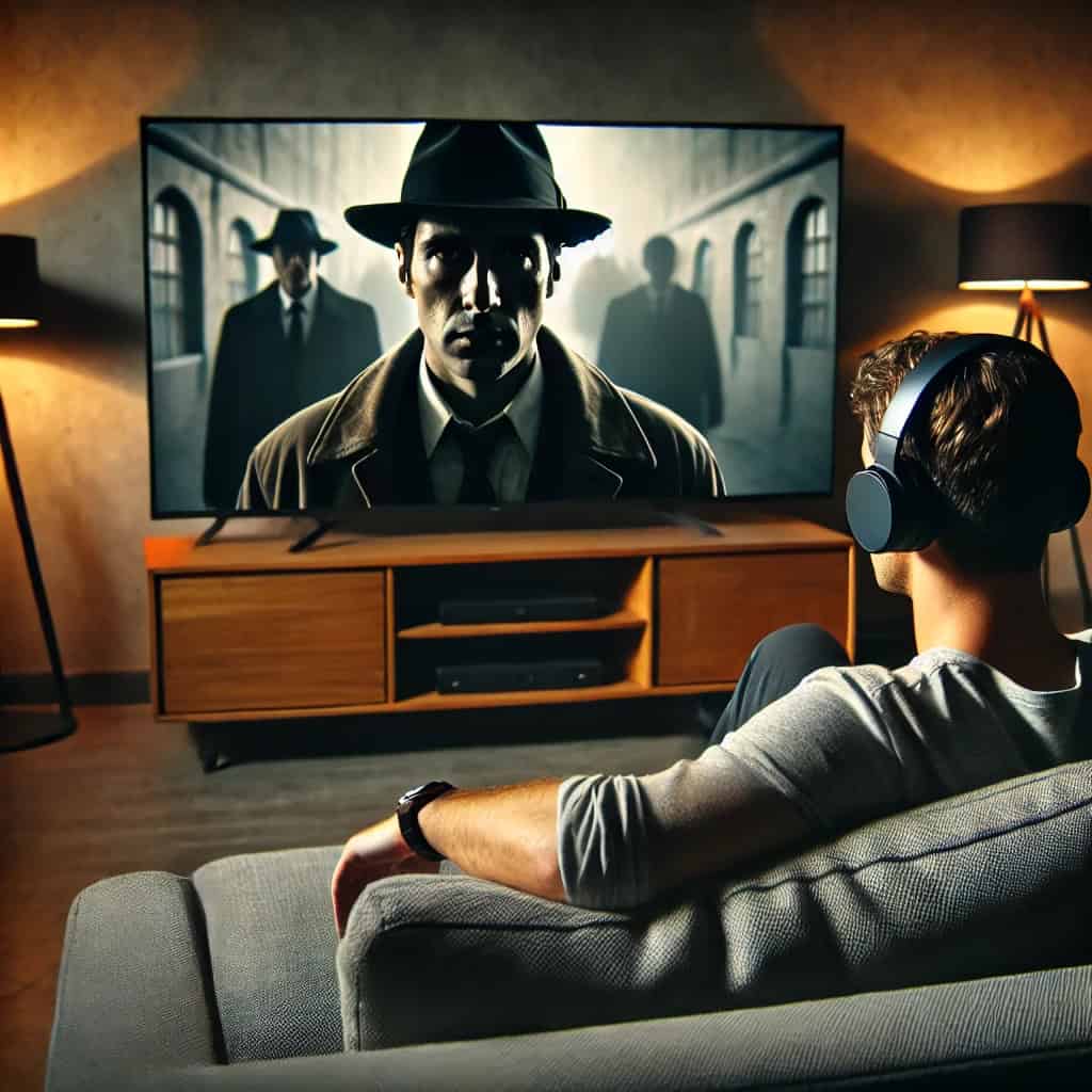 jakie słuchawki nauszne do telewizora - przykładowy model na uszach mężczyzny, który siedzi na sofie i ogląda serial kryminalny