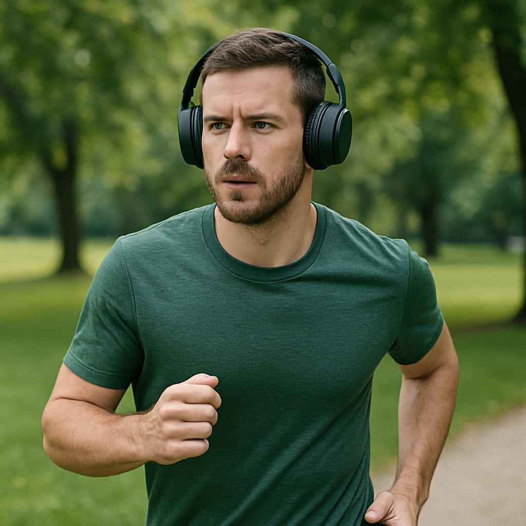 jakie słuchawki nauszne do biegania - przykładowy model na głowie mężczyzny biegającego po parku