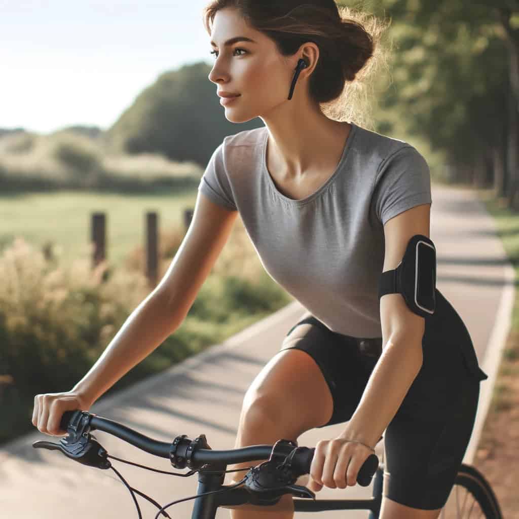 jakie słuchawki sportowe - przykładowy model w uszach kobiety jadącej rowerem