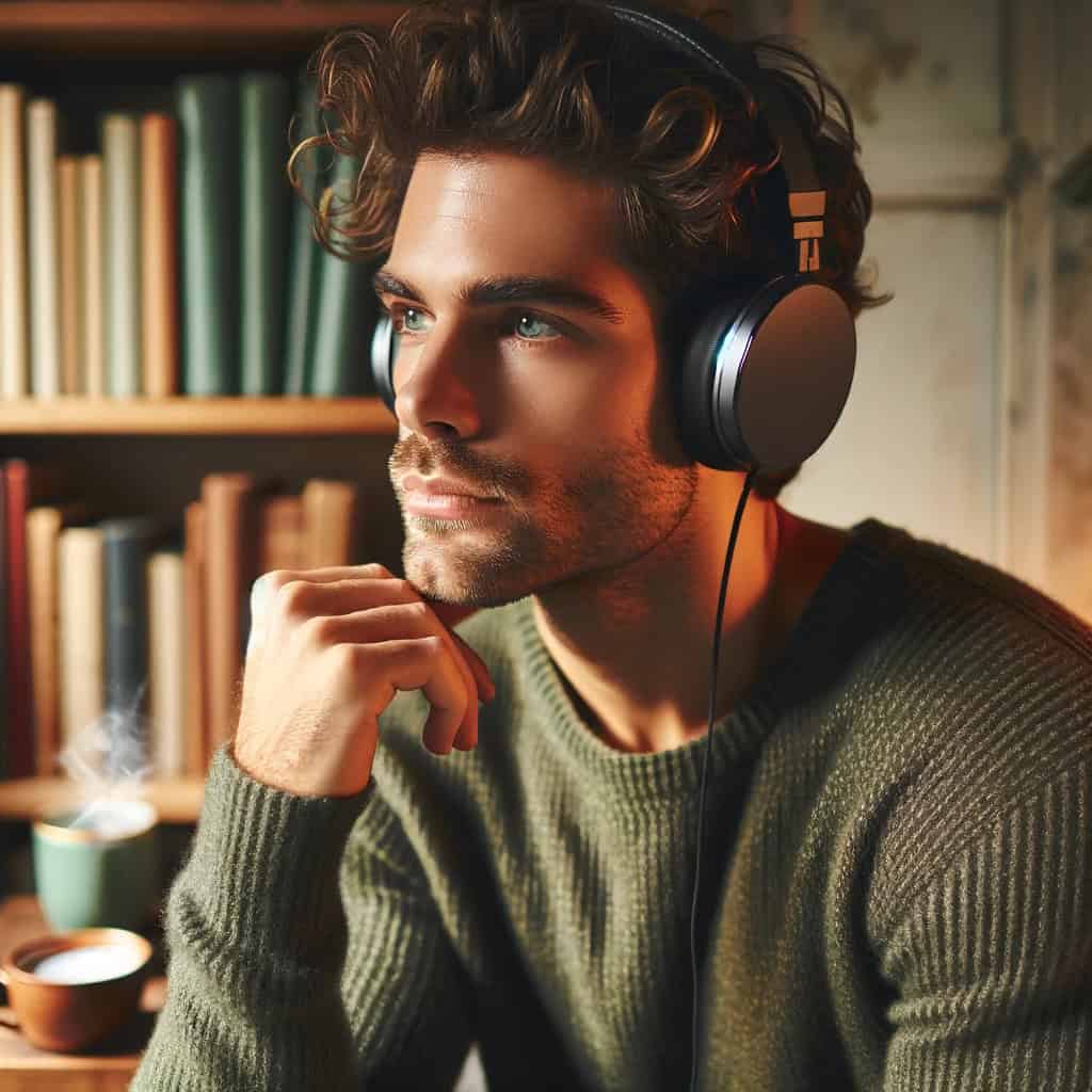 jakie słuchawki przewodowe do 1000 zł na uszach zamyślonego mężczyzny