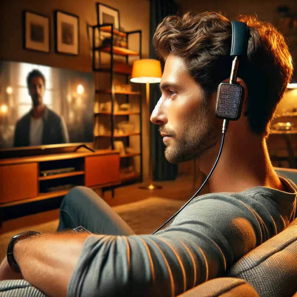 jakie słuchawki przewodowe do telewizora - przykładowy model na uszach mężczyzny siedzącego na fotelu przed ekranem