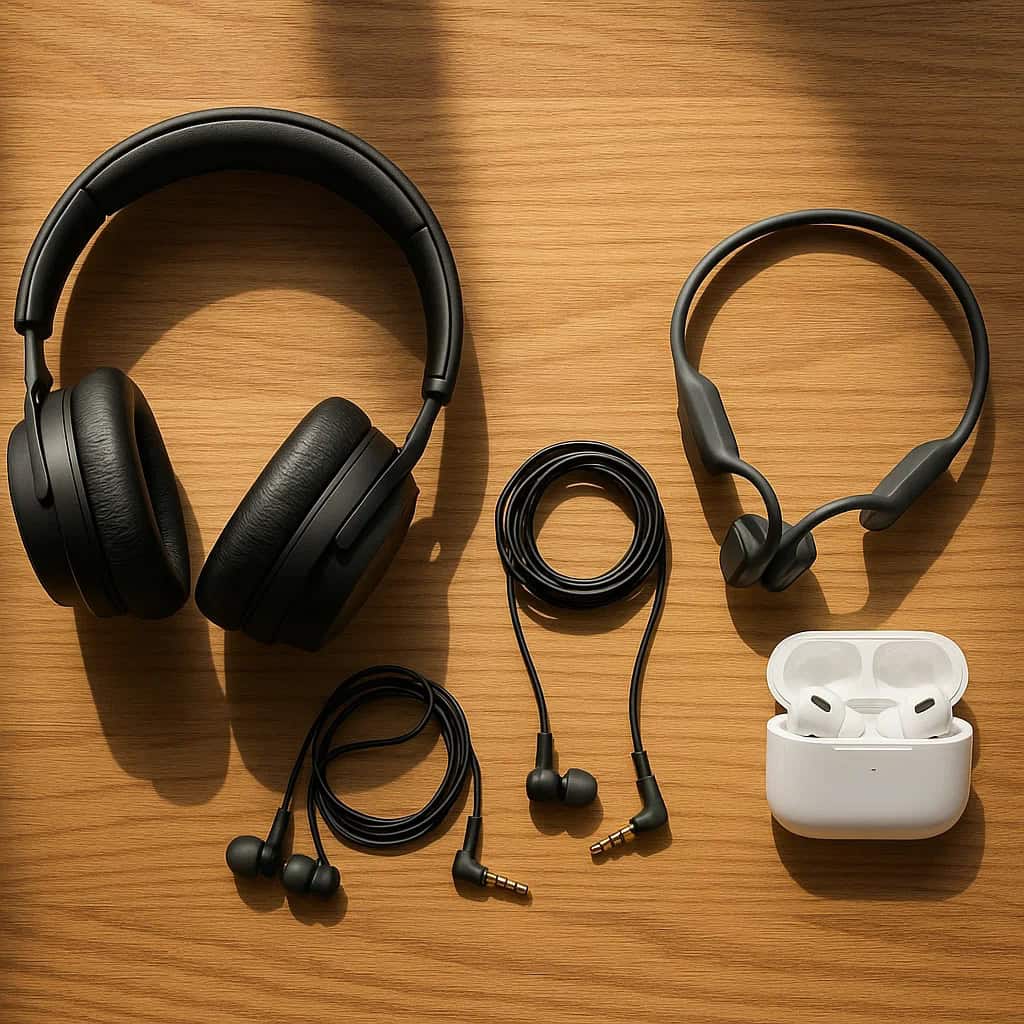 jakie słuchawki wybrać - model nauszny, dokanałowy, douszny i kostny lezą obok siebie na drewnianym blacie