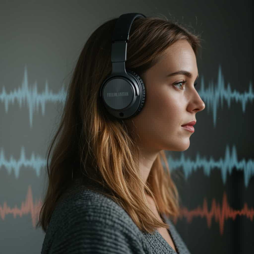 kobieta słuchająca muzyki w nausznych słuchawkach