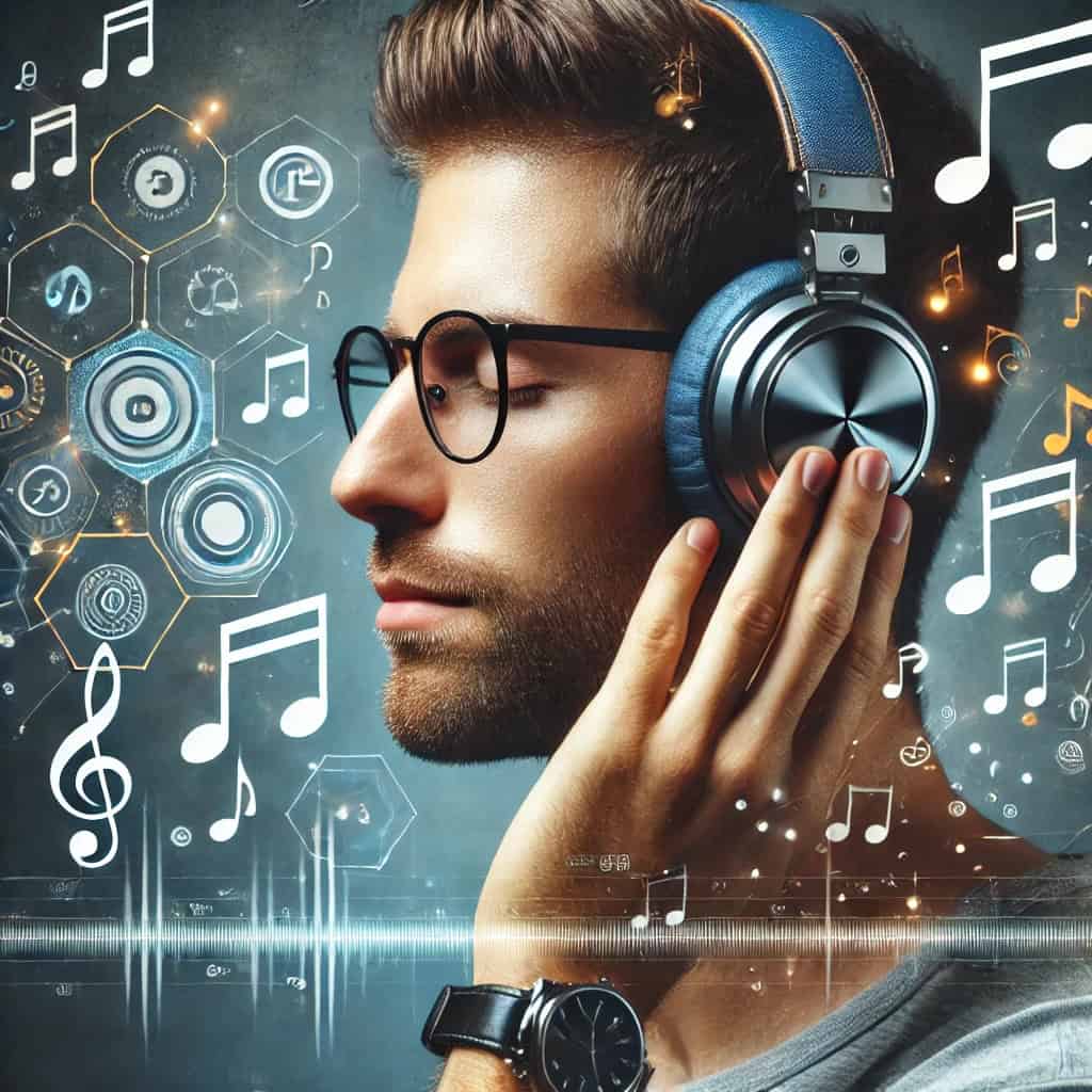 kodeki audio bluetooth - mężczyzna słuchający muzyki przez słuchawki w otoczeniu nutek