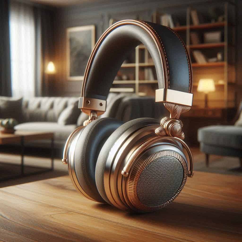 luksusowe słuchawki - srebrno brązowy model leży na stole