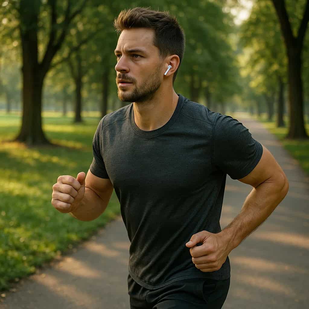 mini słuchawki do sportu - mężczyzna biegnący w parku podczas porannego treningu.