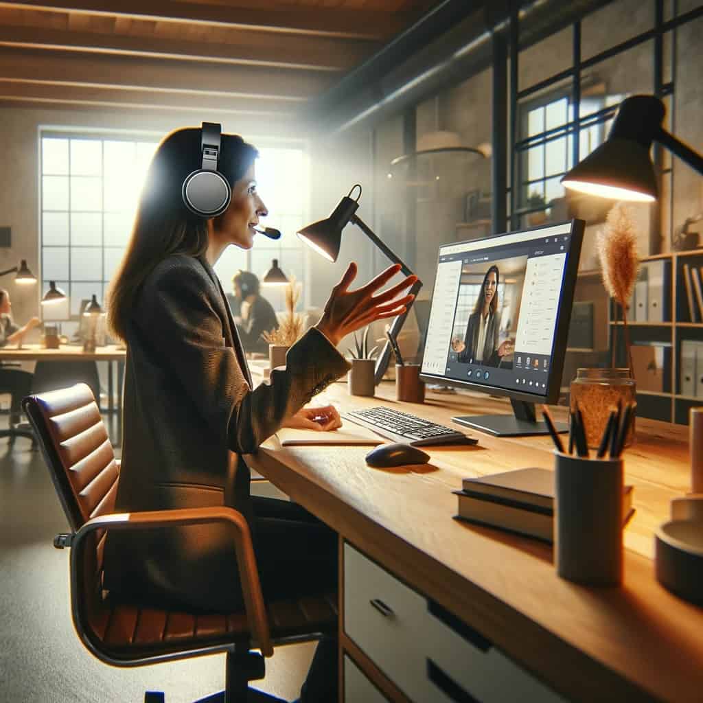 microsoft teams słuchawki bezprzewodowe na uszach kobiety biorącej udział w spotkaniu online