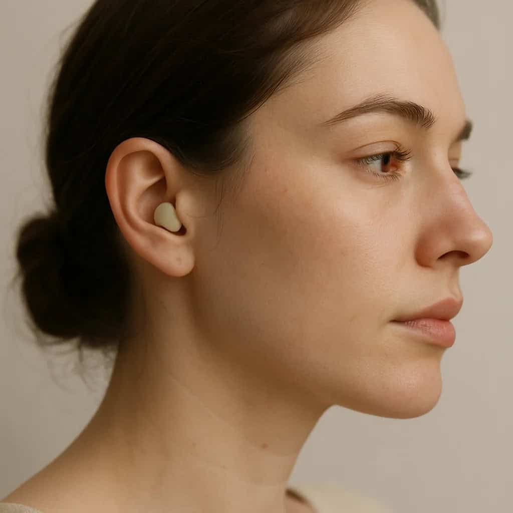 mikro słuchawki - Zbliżenie na kobietę z niemal niewidocznymi małymi słuchawkami w uchu.