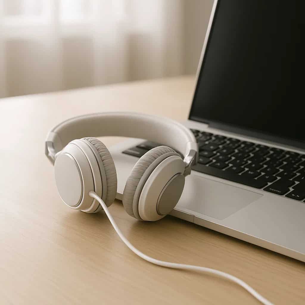 model nauszny do komputera - leży na biurku obok laptopa