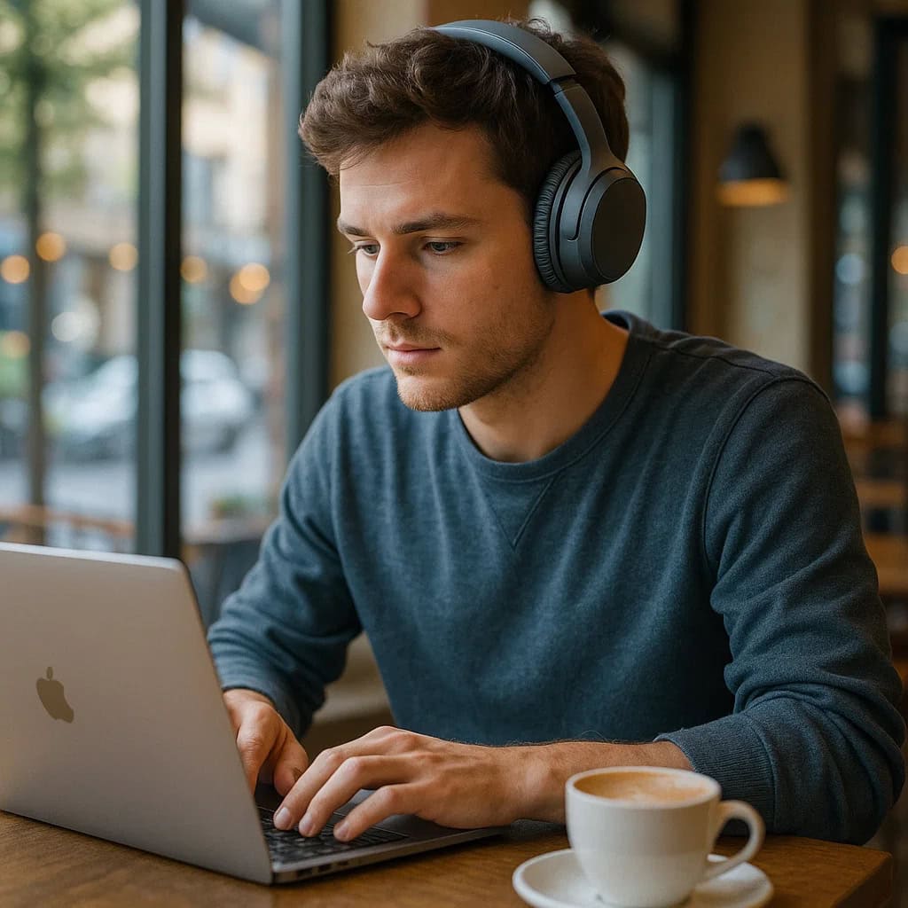 model nausznych do pracy zdalnej na uszach mężczyzny pracującego na laptopie w kawiarni