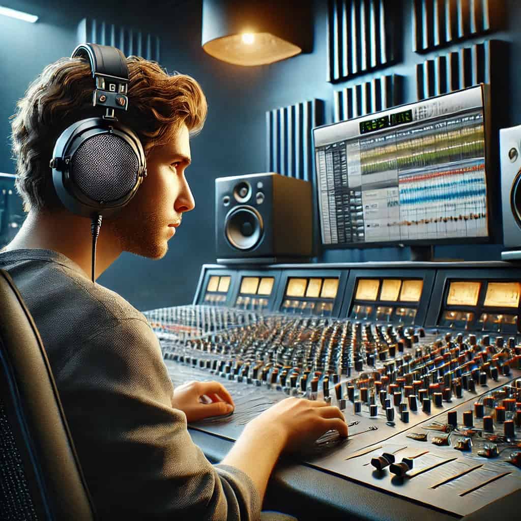 modele półotwarte zastosowania - mężczyzna w przykładowym modelu nausznym w studiu nagrań