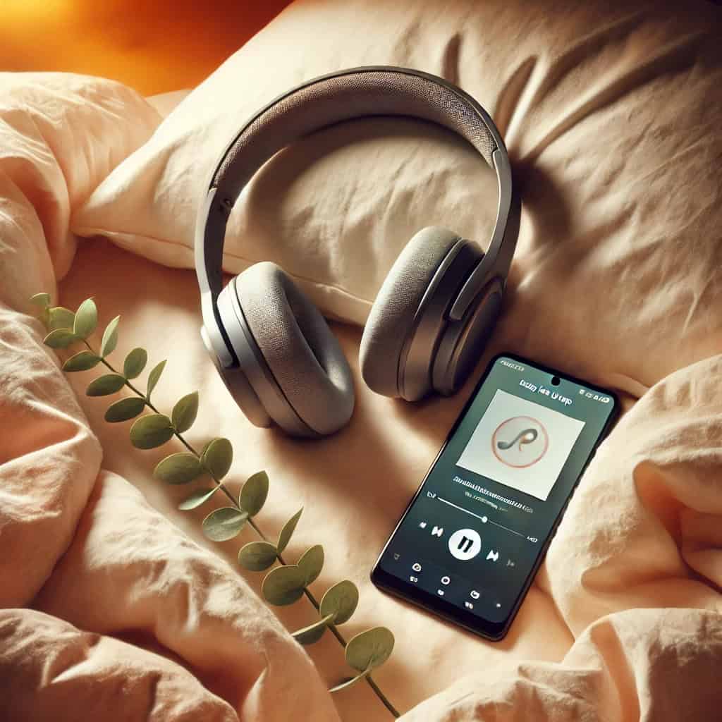 muzyka do snu relaksacyjna - słuchawki i smartphone leżą na miękkiej pościeli