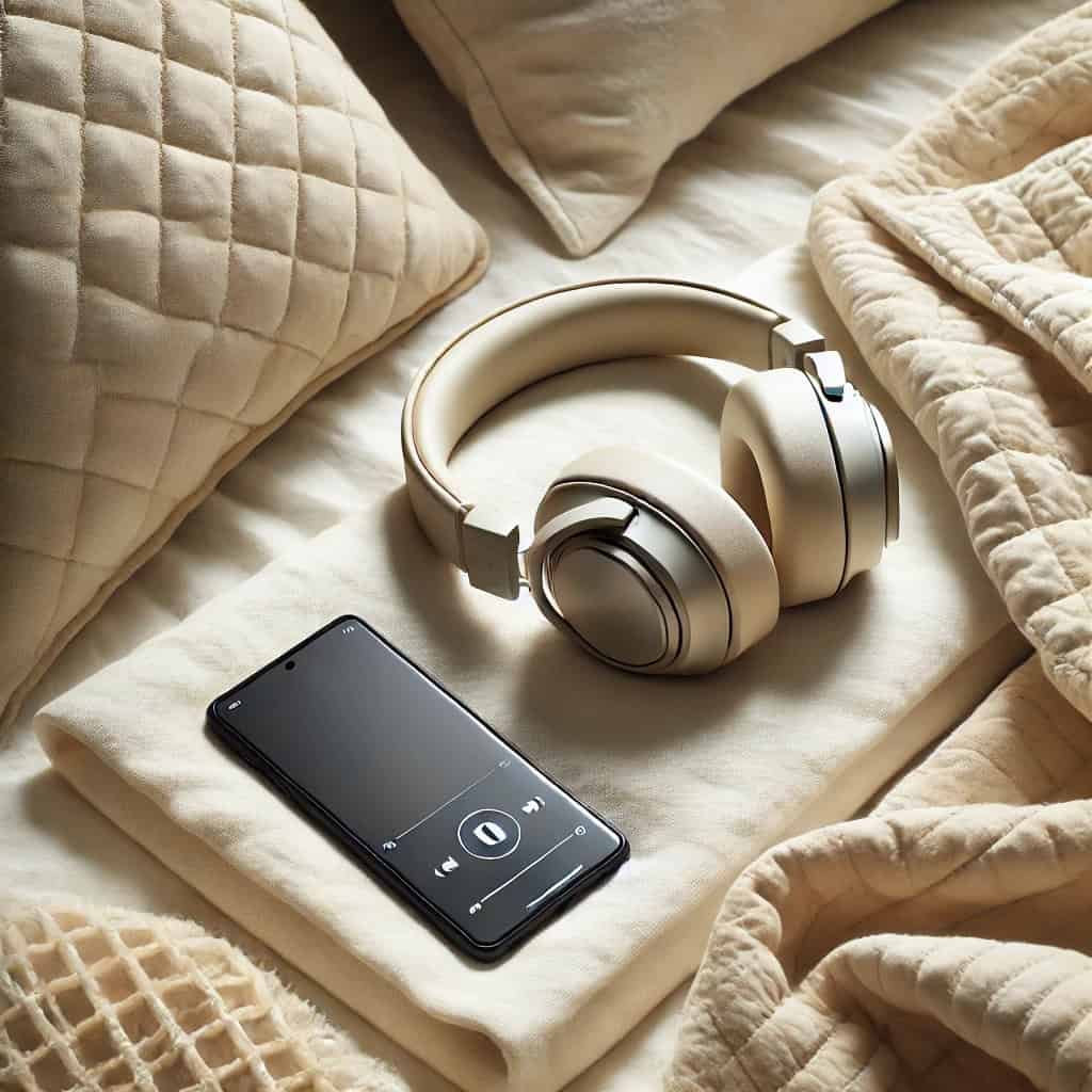 muzyka do snu - telefon i słuchawki leżą w pościeli