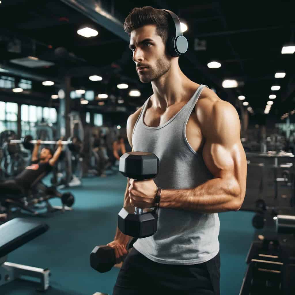 muzyka na siłownie motywująca - mężczyzna ze słuchawkami podnosi hantle