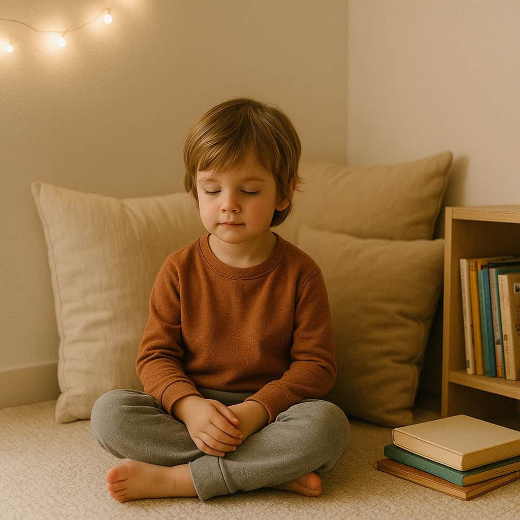 nadwrażliwość na dźwięki u dziecka maluch siedzi z zamkniętymi oczami obok sterty poduszek