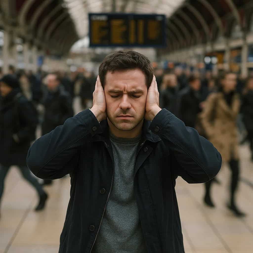 nadwrażliwość słuchowa objawy - mężczyzna stoi na dworcu zakrywając uszy rękami