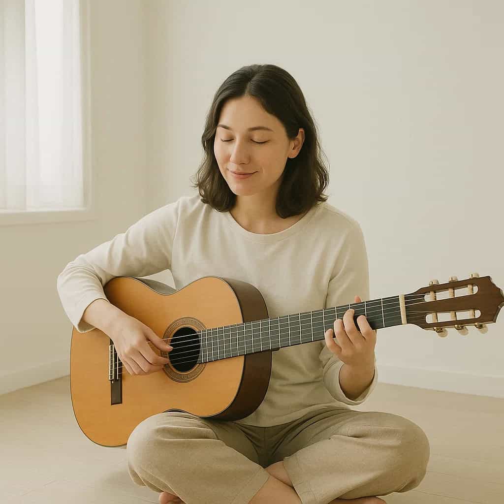 nadwrażliwość słuchowa a autyzm - kobieta siedzi na podłodze w białym pokoju, ma zamknięte oczy i gra na gitarze