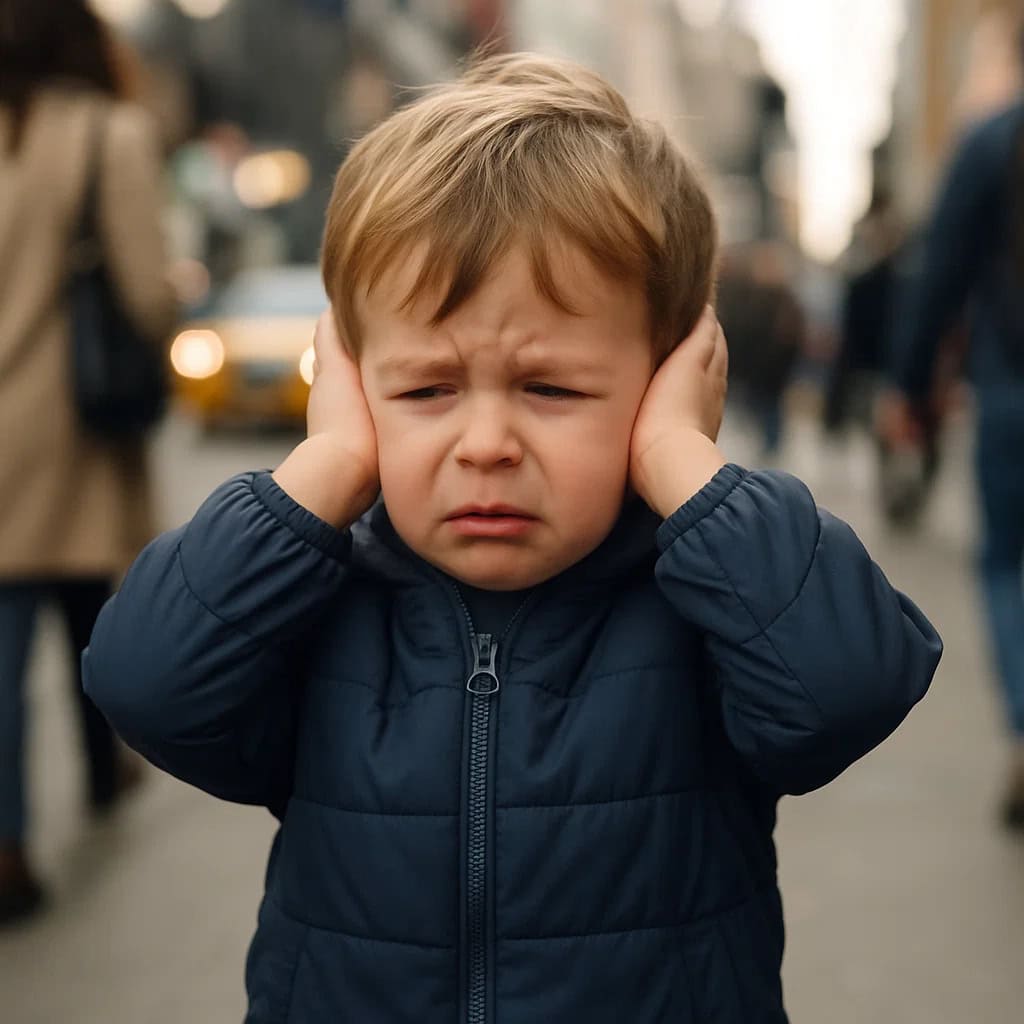 nadwrażliwość słuchowa autyzm - chłopiec stoi na zatłoczonym chodniku, zakrywając uszy dłońmi